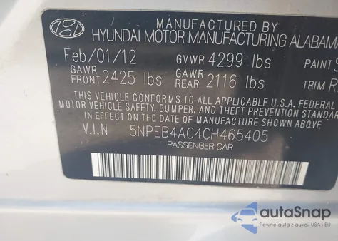 2012 Hyundai Sonata Gls z USA, uszkodzony, nr VIN 5NPEB4AC4CH465405